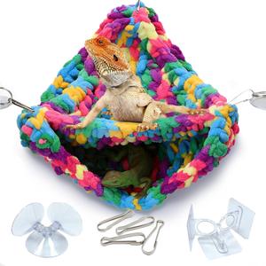 QWR Hand-Knitted Soft Lizard Hammock,Double-Layer Hammock for Bearded Dragon Tank,Hanging Reptile Swing Hammock with Strong Adhesive Hooks,for Lizard Gecko Chameleon Hide(Triangular)
