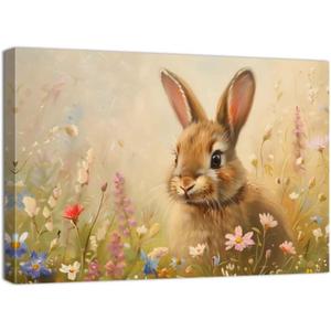 QIXIANG Bunny Canvas Wall Art Rabbit in Flower Field Picture Wall Decor Farm Animals Poster Art Easter Painting Artwork Bedroom Decor Framed(Yellow,16.00" x 24.00")