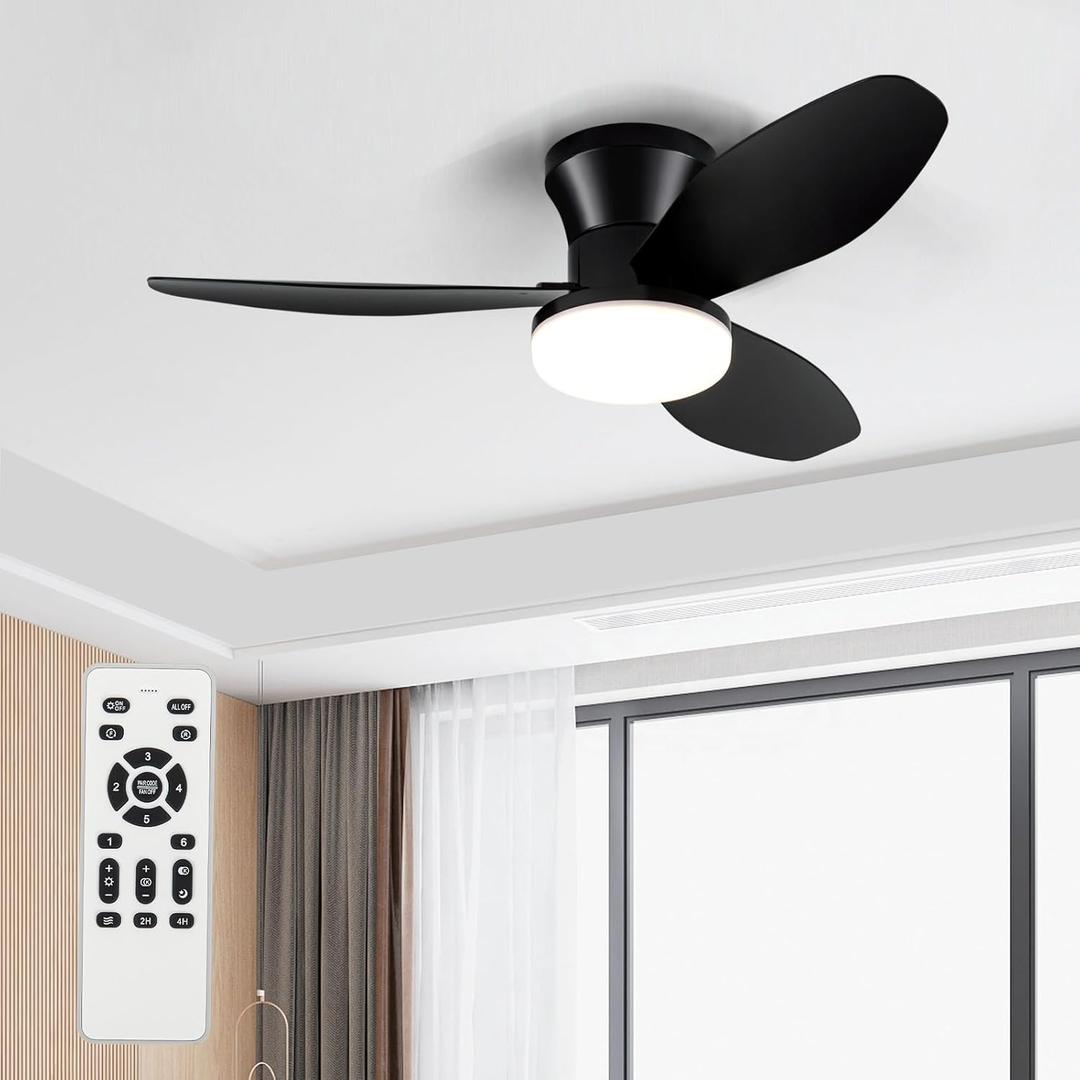 Small Ceiling Fan with Light - 35 Inch Flush Mount Ceiling Fans with Lights and Remote, Low Profile Ceiling Fan with 3 Reversible Blades, 6 Wind Speeds, Black Ceiling Fans for Bedroom Kitchen