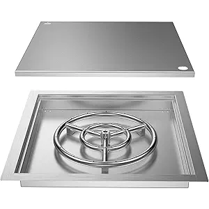 Skyflame 18 inch Square Stainless Steel Drop in Fire Pit Burner Pan with Burner Ring and Protective Cover
