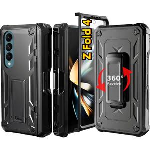 KJSK for Samsung Galaxy Z Fold 4 Case,with S Pen Holder+Belt Clip Holster+Built-in Kickstand+Hinge Protection,Heavy Duty Military Grade Drop Proof Case for Galaxy Z Fold 4(Black)