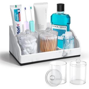 Marble Bathroom Countertop Organizer, Toothbrush Holders for Bathroom with 2PCS Qtip Holder Dispenser and Toothpaste Holder Drainage for Bathroom Accessories Organization Counter Vanity Storage