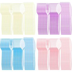 192 Pieces Glitter Plastic Silverware Set Disposable Clear Plastic Cutlery Flatware for Party 64 Knives 64 Spoons 64 Fork for Party Birthday Dinnerware Supplies(Multicolor)