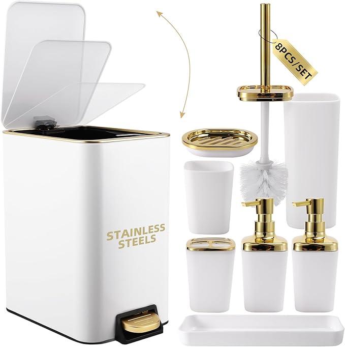 XLHOMO White Bathroom Accessories Set 8 Piece White and Gold Bathroom Set, Bathroom Sets with Stainless Steel Trash Can, Toilet Brush, Toothbrush Set, Soap Dispenser
