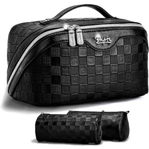 BOYATU Travel Makeup Bag Organizer: 3 Pcs Set Large Capacity Cosmetic Bags Holds 1020 100ml Full-Size Bottles for 315 Day Trips - 180Open-Flat Make up Case 3-sec touch-up - Toiletry Bag Gift women (01-Black)