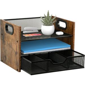 Wood Desk Organizer - 3-Tier Desktop File Organizer with Drawer, Wooden Paper Tray, Office Desk Organzier and Accessories for Papers, Mail, Notebooks, Stationery