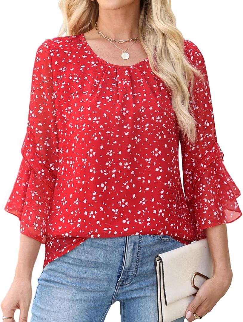 CiCiBird Women Chiffon Floral Blouse 3/4 Ruffle Sleeve Crew Neck Pleated Front Tops Dressy Casual Shirts (Red, M)