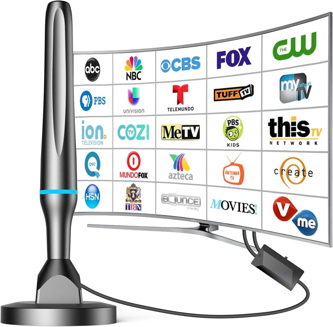 Digital TV Antenna for Smart Tv Indoor, 360 Reception Digital HDTV Antenna for Local Channels, Supports 1080P and 4K, Strong Magnetic Base -All TVBlack-Amplifier