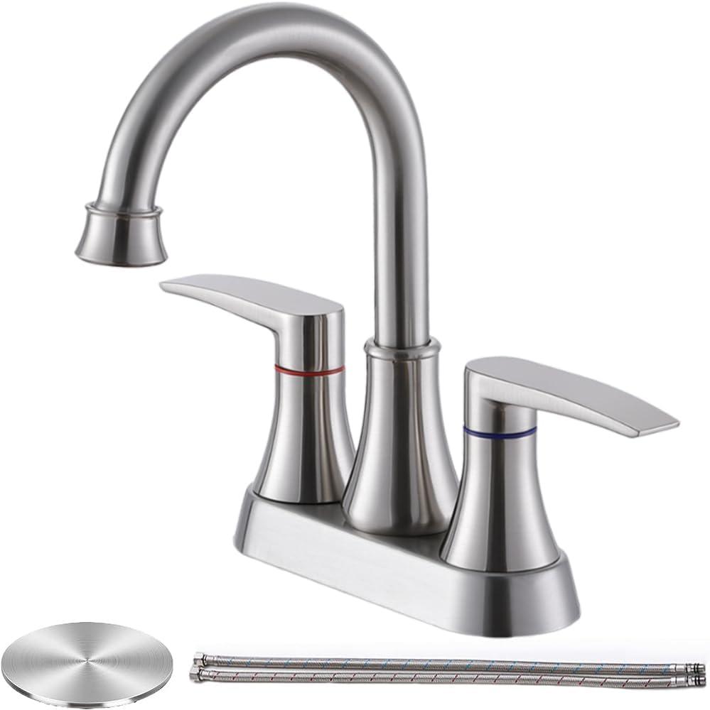 Brushed Nickel Bathroom Faucet, 2-Handle Lead-Free 360 Swivel High-Arc Spout 4 Inch Centerset Bath Lavatory Vanity Sink Faucets Set for Sinks with Drain & Water Hoses, VABM80008L