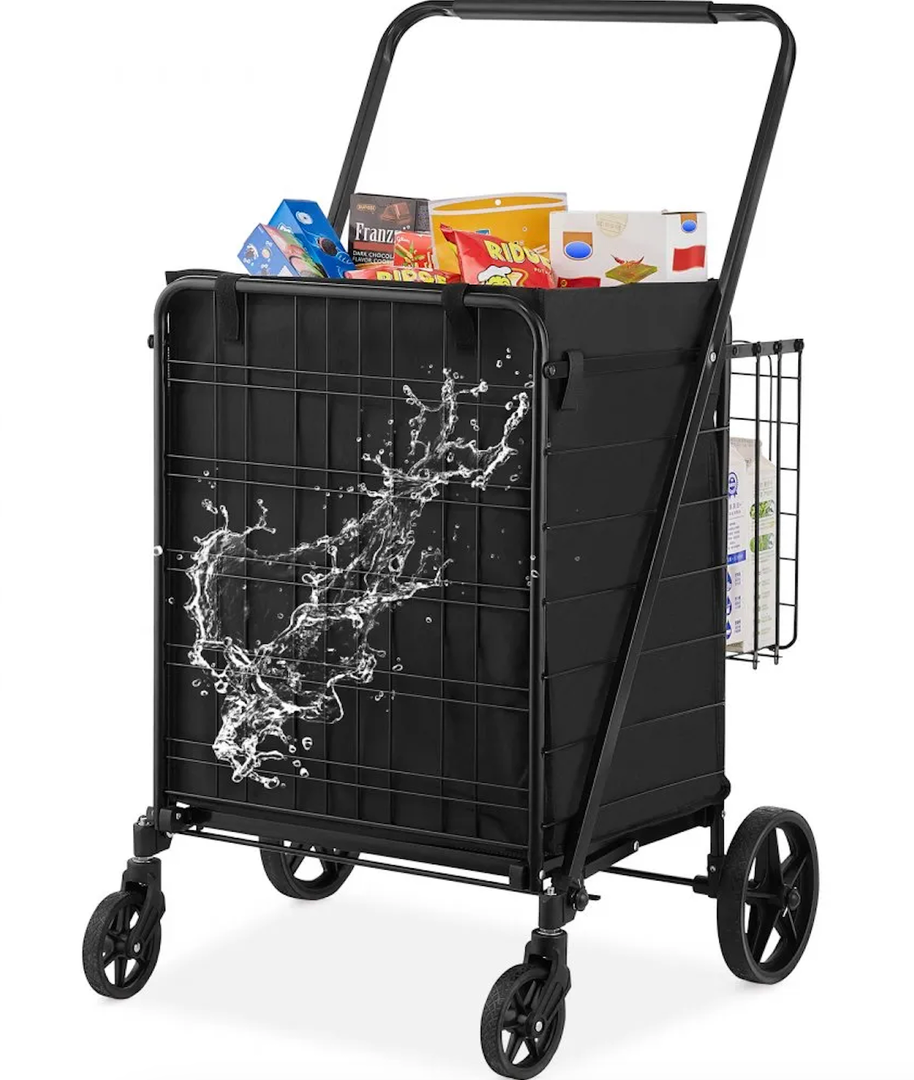 VEVOR Folding Shopping Cart with Removable Waterproof Liner, 210LBS Large Capacity Jumbo Grocery Cart with Dual Basket, 360° Swivel Wheels, Dense Metal Mesh Base, Heavy Duty Utility Cart for Shopping