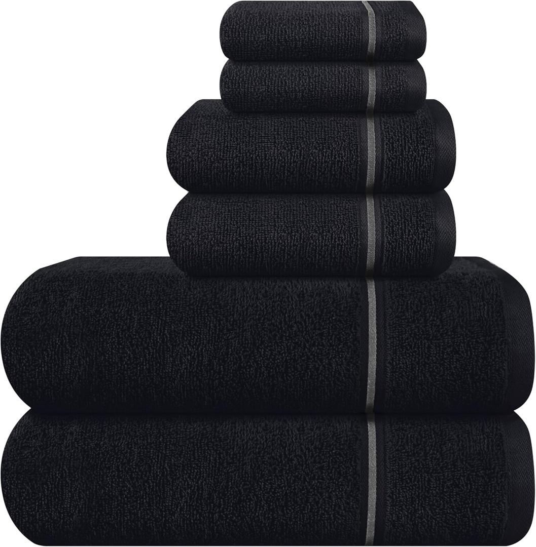 MyOwn Ultra Soft 6 Pack Cotton Towel Set, Contains 2 Bath Towels 28x55 inch, 2 Hand Towels 16x24 inch & 2 Wash Coths 12x12 inch, Ideal Everyday use, Compact & Lightweight - Black
