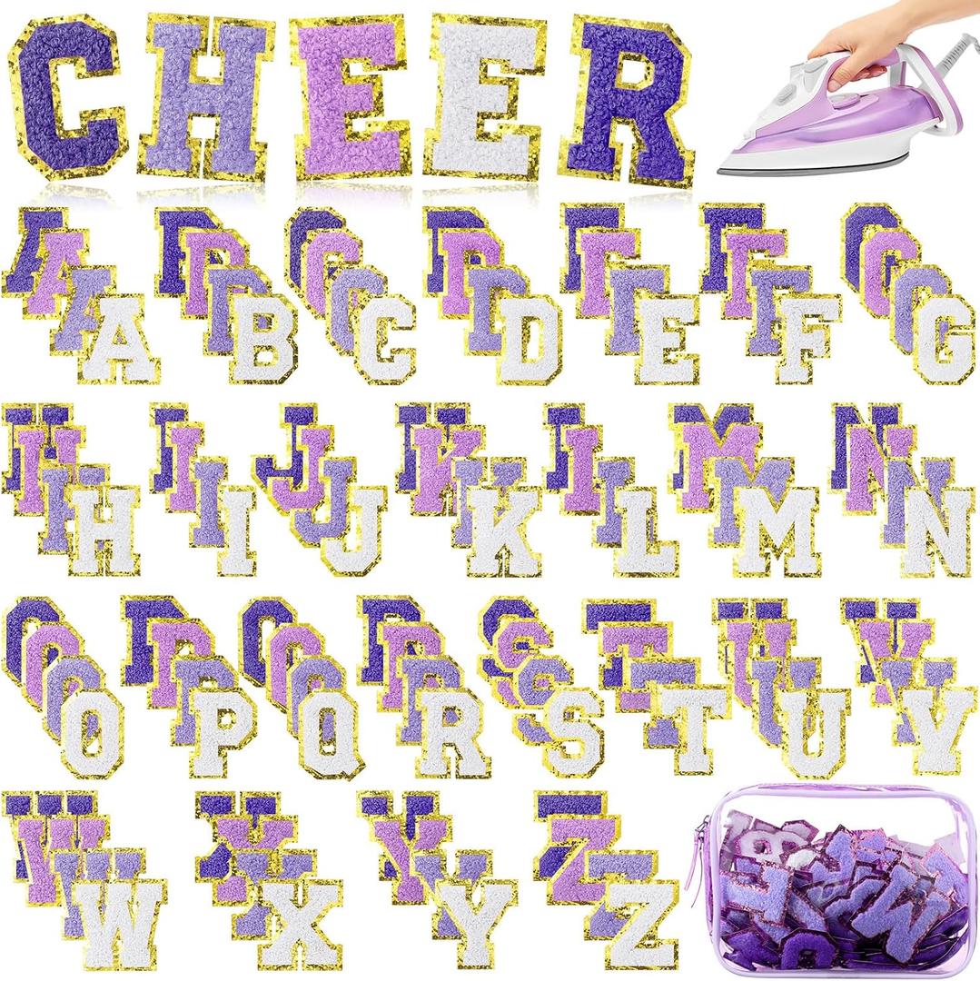 105 Pcs Chenille Letter Patches Self Adhesive Iron on Colorful Chenille Embroidered Patches with Gold Glitter Jean Stickers for Clothing Hat Backpack Bag Jacket(Purple Gradient Series)