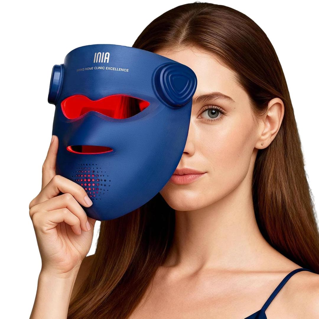 INIA Glow 4D Wireless Red Light Therapy Mask for face  Dual NIR, 320 LEDs, 4 Modes, Under-Eye Cooling, Cordless & Rechargeable LED Face Mask for Home & Travel, Skincare Gifts for Women Mom Wife, Blue