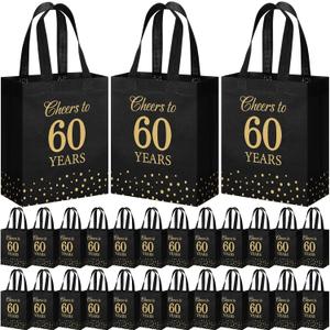 Supervitae 24 Cheers to 60 Years Gift Party Bags Medium Black and Gold Party Decoration Supplies Reusable Non Woven Totes for Birthday Anniversary Wedding Favor(9.8" x 7.9" x 3.9")