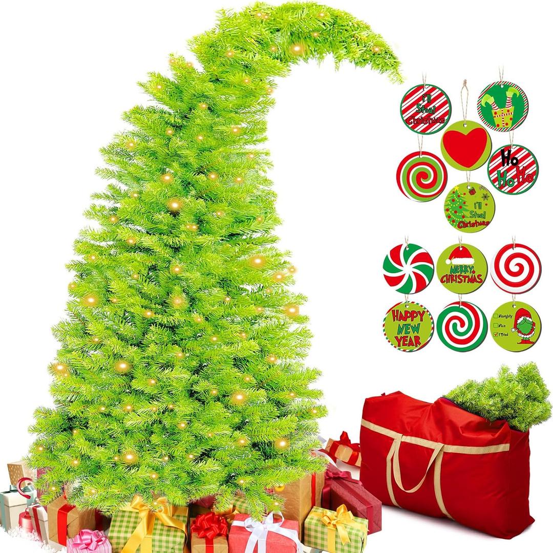 Bendable Christmas Tree Whimsical Christmas Pre-Lit Lime Green Stole Bent Top Artificial Xmas Tree Decorations with LED Lights Ornament Bag(7.5ft)