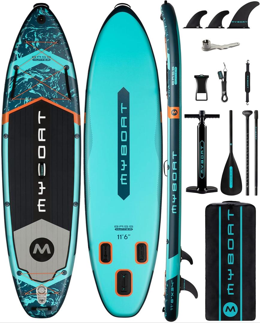 MYBOAT 11'6"34"6" Extra Wide Inflatable Paddle Board, Stand Up Paddle Board for Fishing, Sup Board with 3 Removable Fins, Dual Bungees, Camera Mount, Hand Pump, Strong Paddle,Leash