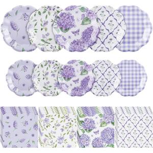 150 Pcs Floral Plates and Napkins, Light Purple and White Floral Tea Party Supplies Include Hydrangea Flower Gingham Plates Napkins for Garden Party, Bridal Baby Shower, Spring Party