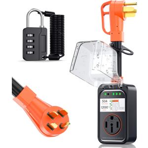 RV Surge Protector 50 Amp Waterproof, Upgraded 12000 Joules RV Power Protector Safety-Certified, RV Adapter Plug with Anti-Theft Cable Lock for Camper, Circuit Analyzer for Travel Trailers (Orange)