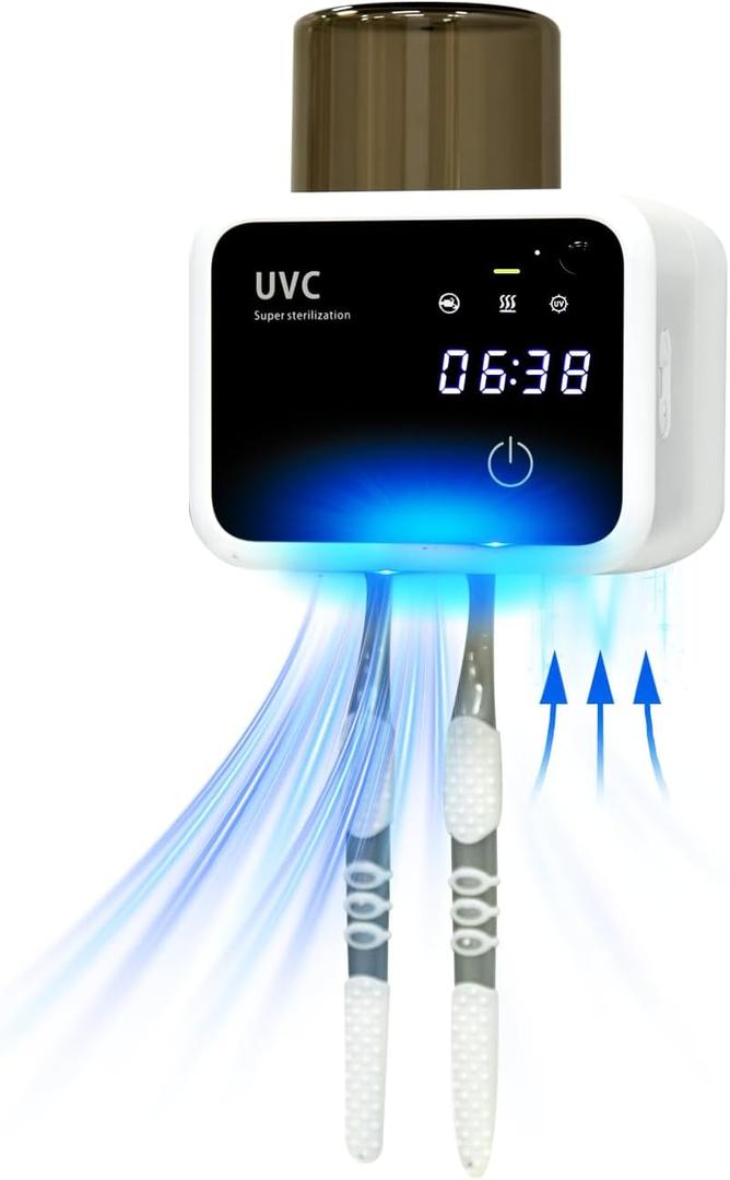 Toothbrush Cleaner and Toothbrush Holder, Cleaning Light, Fan Dry and Thermostatic Dry 3-Step Cleaning, LED Smart Screen, Rechargeable Wall Mount Bathroom Toothbrush Holder (White)