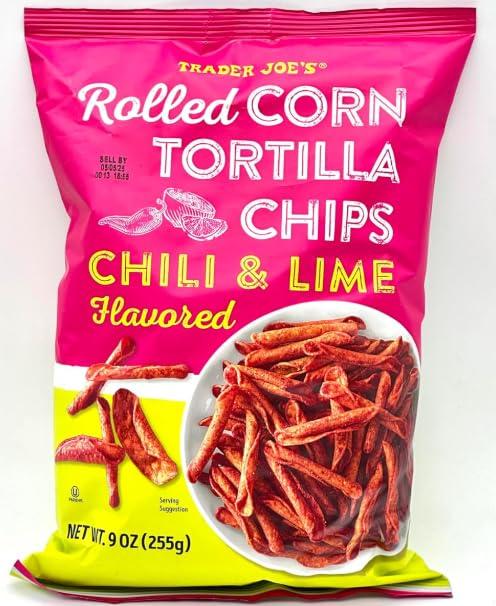 Trader Joe's Rolled Corn Tortilla Chips, Chili & Lime Flavored, 9 Oz - Pack of 1, EXP 09/29/2025