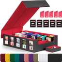 Trading Card Storage Box with Commander Display , 5-Row Deck Case with Removable Lid; 3900+ Card Deck Box for MTG TCG Sports Card, 5 Top Loaders, 5 Stoppers, 48 Dividers,1 Dice Tray (Black Red)