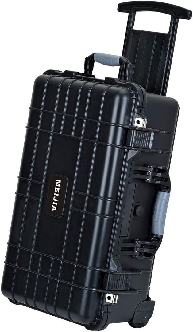 MEIJIA Rolling Waterproof Hard Case with Retractable Pull Handle and Wheels,Customizable Fit Foam , Black, 22.06X17.93 X10.43 inches (Elegant Black)