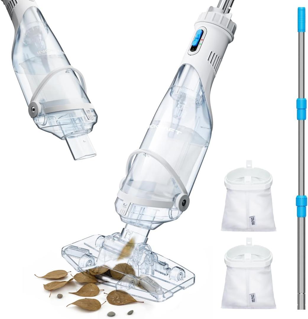 InoKraft Cordless Pool Vacuum Cleaner, Rechargeable, Handheld Pool Vacuum for Above Ground and Inground Pools, Transparent Head, 59 Extendable Pole, for Leaves, Debris, Shallow Steps, Blue