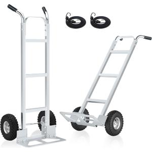 Hand Truck, 600 lbs Load Capacity, Heavy Duty Industrial Dolly with 10" Pneumatic Tire and 2 Elastic Cords, Dolly Cart for Moving in Home, Office, Warehouse, Transport, Supermarket