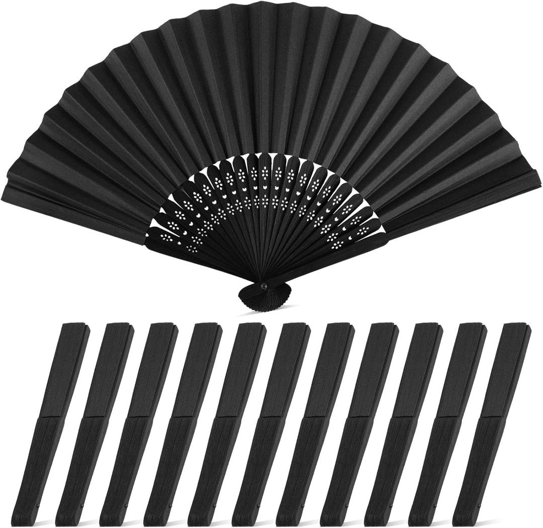 JOHOUSE 12 Packs Paper Folding Hand Fans for Women, 8.3 Inch Black Paper Fans Portable Handheld Bulk Chinese Style for Wedding, Outdoor Party Favors, Bridal Shower DIY Home Decor
