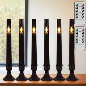 Black Flameless Taper Candles with Remote, Halloween Battery Operated Taper Candles with Base, LED Flameless Battery Candlesticks for Home Holiday Decor (Set of 6, Acrylic Shell)