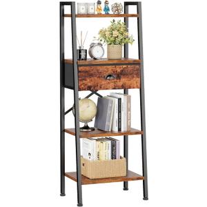 Furologee 4 Tier Ladder Shelf, Narrow Ladder Bookshelf with Drawer, Modern Freestanding Bookcase, Storage Shelves Organizer for Bathroom,Kitchen,Bedroom,Living Room,Rustic Brown