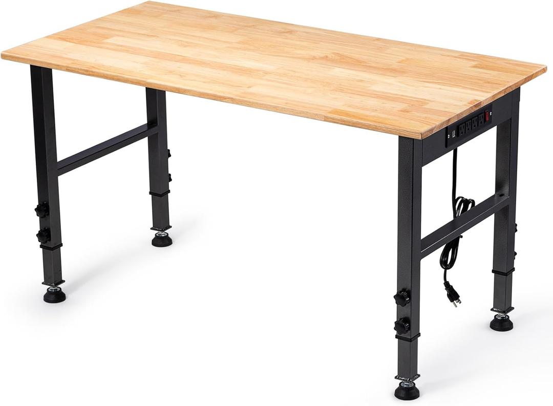 48" Height Adjustable Workbench, 2000 LBS Load Capacity Rubber Wood Top Workstation with Power Outlet and Foot Pads, Heavy-Duty Hardwood Worktable for Garage Workshop (with Foot Pads and Socket,48'')