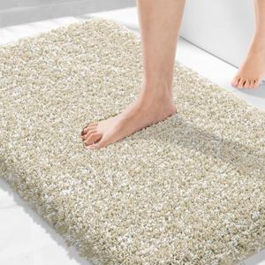 Yimobra Bathroom Rugs Non Slip Washable 36x24, Ultra Soft and Water Absorbent Bath Mats, Plush Fluffy Shower Mat Outside, Luxury Microfiber Thick Matts for Bathroom Floor/Tub, Light Beige and White
