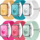 6 Pack Braided Stretchy Bands Compatible with Apple Watch Band 38mm 40mm 41mm 42mm 44mm 45mm 46mm 49mm Women Men, Adjustable Nylon Solo Loop Elastic Straps for iWatch Series 10 9 8 7 6 5 4 3 SE Ultra (Teal/Hot Pink/White/Peach Red/Light Green/Sunshine)