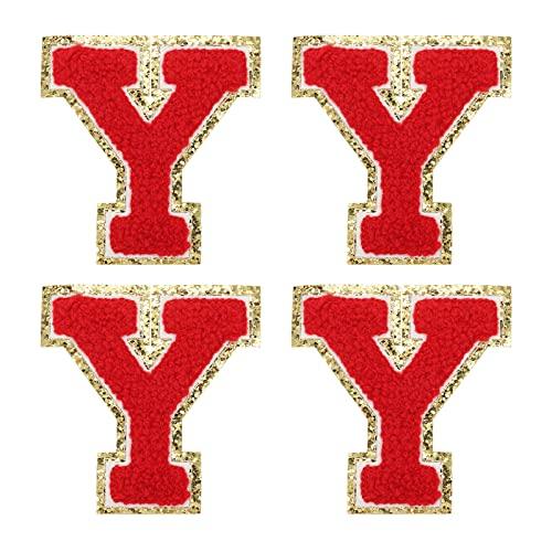 MECCANIXITY 4Pcs Chenille Letter Patches Iron on Letter Patches Red Y Alphabet Decorative Repair Embroidered Patches for Clothing, Shoes, Hats, Backpacks