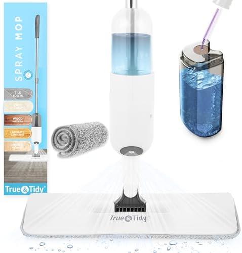 True & Tidy® SPRAY-250 Multi-Surface Spray Mop with Refillable Water Bottle for Floor Cleaning, Works on Wood, Tile, Marble etc, Use Any Cleaning Solution, Machine Washable Microfiber Mop Pads, White