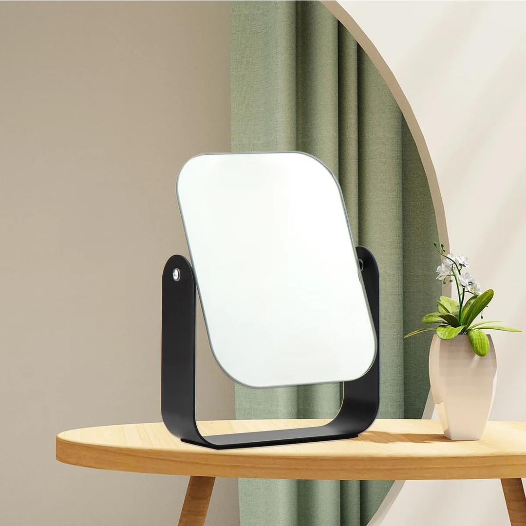 Desk Vanity Makeup Mirror,7-Inch Portable Folding Mirror with Metal Stand 360°Adjustable Rotation Tavel Make Up Mirror Hanging Bathroom for Shower Shaving ( Black)