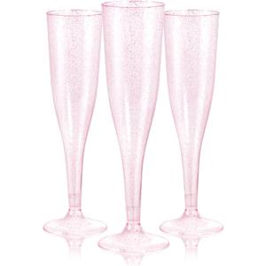 WDF 36 Pack Pink Glitter Plastic Champagne Flutes - 7OZ Disposable Pink Glasses Glitter Champagne Flutes Plastic for Party & Wedding