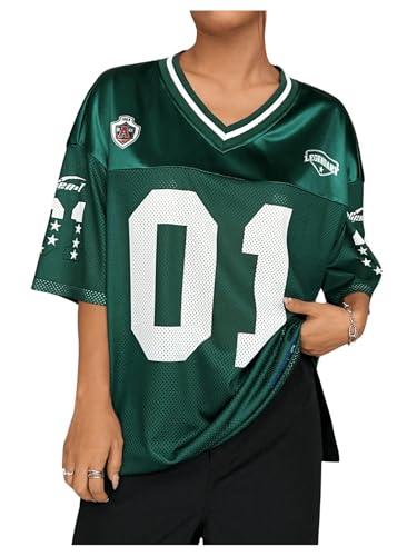 Floerns Women's Football Jersey Shirts for Women Oversized Sports Jersey Letter Print V Neck Team Shirts Half Sleeve Custom Jersey Green Large