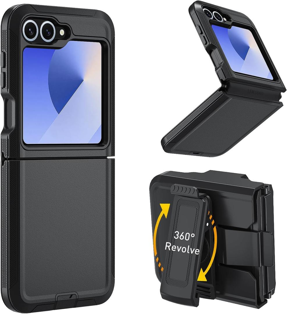 for Samsung Galaxy Z Flip 6 Case - Heavy Duty, Military Grade Protection, Shockproof, Drop & Dust Proof, Belt Clip Holster (Black)
