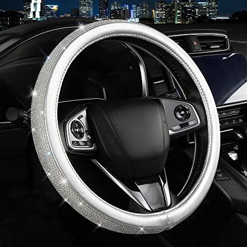 Bling Diamond Steering Wheel Cover, Leather Steering Wheel Covers for Women Girls with Crystal Rhinestones, Breathable, Anti-Slip Universal Fit 14.5-15 Inch Bling Car Accessories(Silver)