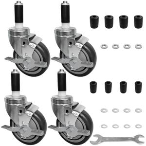 MySit 4 Inch Expanding Stem Casters Set of 4, Heavy Duty Caster Wheels with Side Brake, Fit 7/8", 1", 1-1/8", 1-1/4", 1-3/8" Stainless Steel Furniture Legs for Commercial Kitchen Prep Table