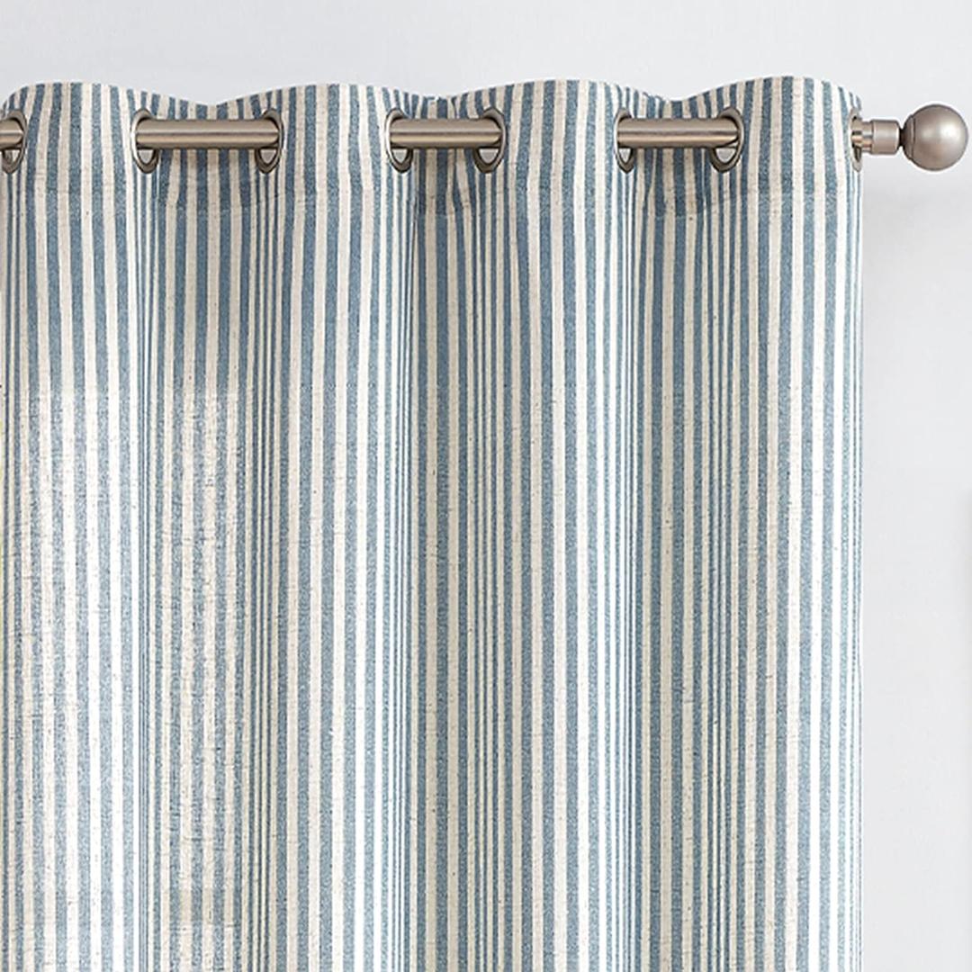 COLLACT Blue Striped Linen Curtains 96 Inch Length for Living Room/Bedroom Farmhouse Pinstripe Pattern Curtains Light Filtering Drapes Grommet Window Treatments, W50 x L96, 2 Panels Blue on Beige (50"W x 96"L (Pack of 2), A | Stripe Blue)