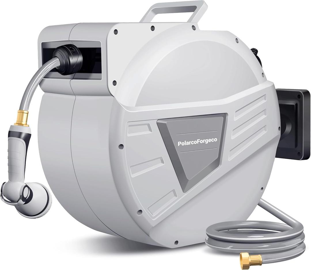 Garden Hose Reel Retractable 1/2 Inch x 100 ft, Wall Mounted with 10 Pattern Nozzle, Slow Return System and 180 Swivel, Gray