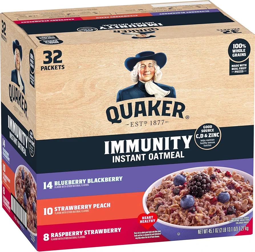 Quaker Immunity Instant Oatmeal, 3 Flavor Variety Pack, Good Source of Vitamins C, D, & Zinc, Whole Grains, No Artificial Flavors, No Colors from Artificial Sources, 1.41 oz Packets, (32 Pack) BB 03/30/26