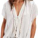 Women Boho Crop Lace Tie Front Tank Summer Vacation Top Button Down Short Sleeve Beach Shirt Y2k Tops Clothes 2026 (White)