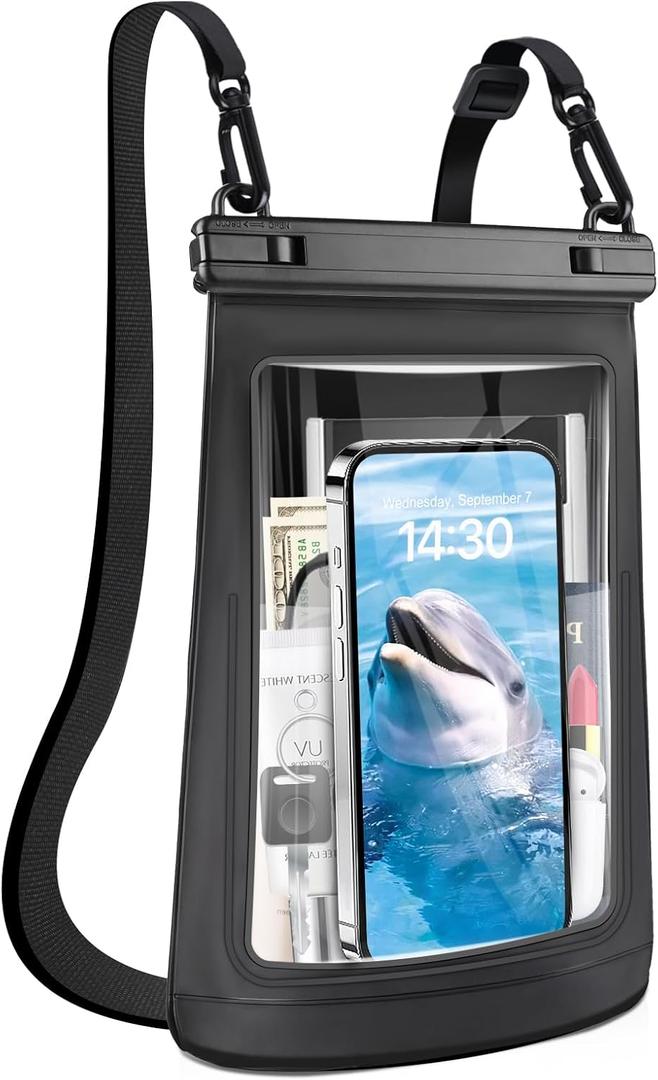 2L Waterproof Phone Pouch for iPhone 16 15 14 11 Pro Max & Galaxy S24 S21 - Floating Large Capacity Dry Bag Stores Sunscreen, Sunglasses - Oversized Waterproof Bag for Beach, Swimming, Kayaking (Black Front Transparency-2L)