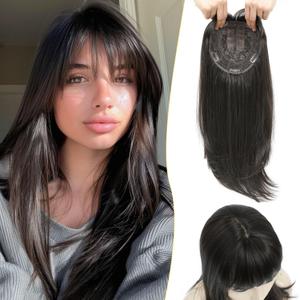 PANEWAY Hair Topper With Bangs 6.5 6.5 Large Base 18inch Long Straight Layered Premium Synthetic Toppers for Women With Thinning Hair-Dark Brown