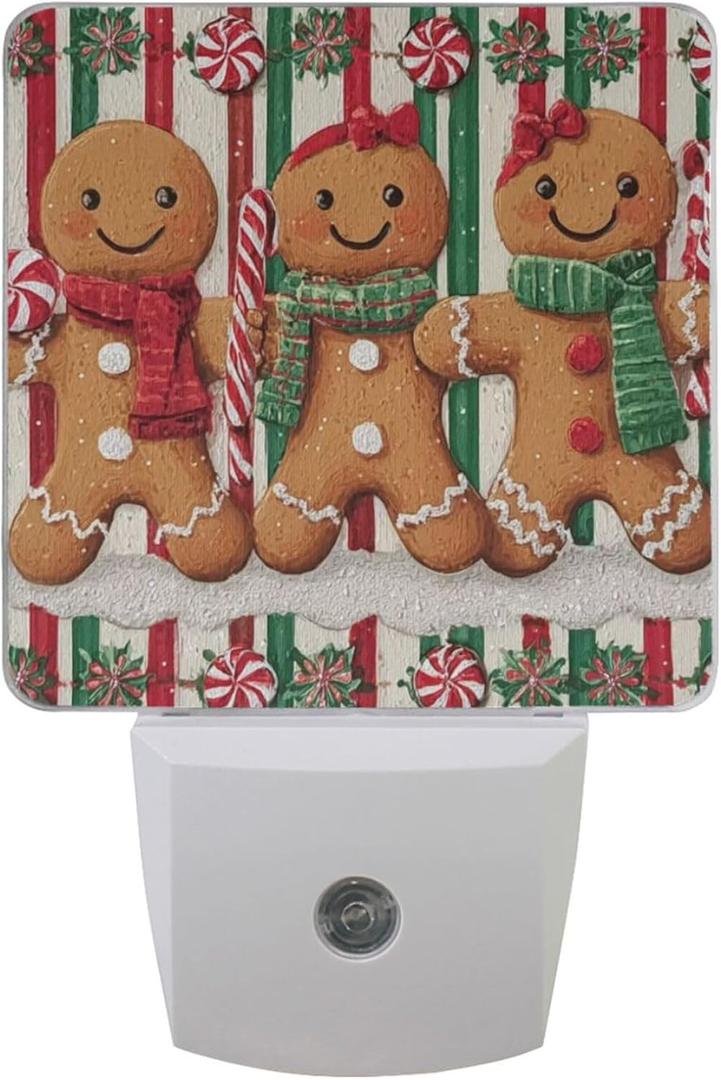 Vdsrup Christmas Gingerbread Man Night Light Set of 2 Red Candy Plug-in LED Nightlights Auto Dusk-to-Dawn Sensor Lamp for Adults in Bedroom Bathroom Kitchen Hallway Stairs