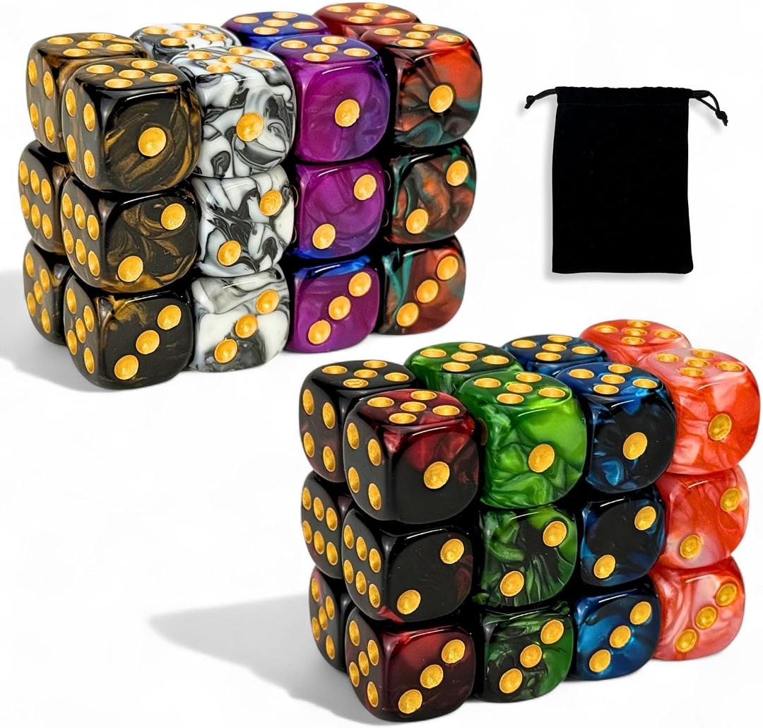 Luck Lab 48 Pack of 16mm Marble Swirl D6 6 Sided Dice Set with Round Corners - Board Game Dice for MTG DND Tenzi Farkle Yahtzee Bunco or Learning Math (Gold Pip Multicolor Swirl)